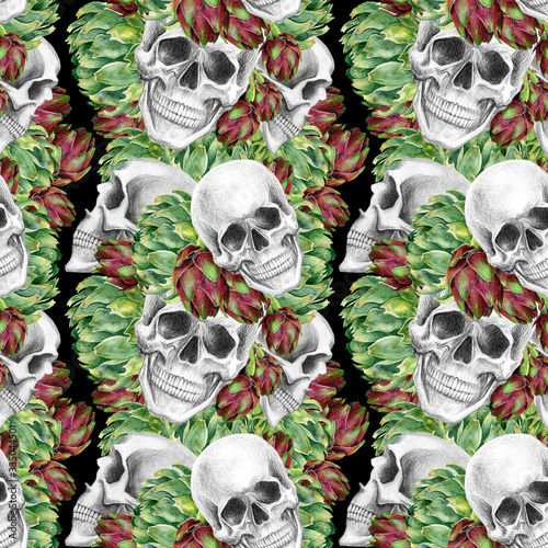 Human skull and artichokes. Pattern of a freehand drawing with a simple pencil and watercolor artichokes