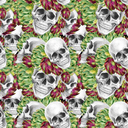 Human skull and artichokes. Pattern of a freehand drawing with a simple pencil and watercolor artichokes
