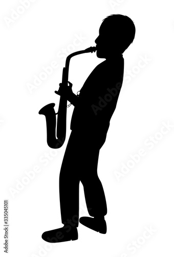Saxophonist silhouette on a white background. A young man plays an instrument. Teen boy learns music playing the saxophone. Isolated vector drawing. Jazz player pattern