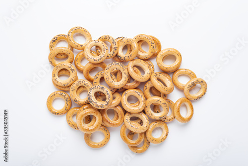 Traditional Russian snack food or dessert (Sushki) with poppy seeds, top view