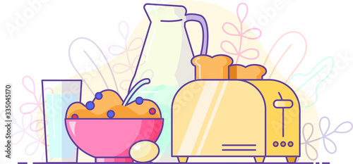 Breakfast with milk, cereals and toasts