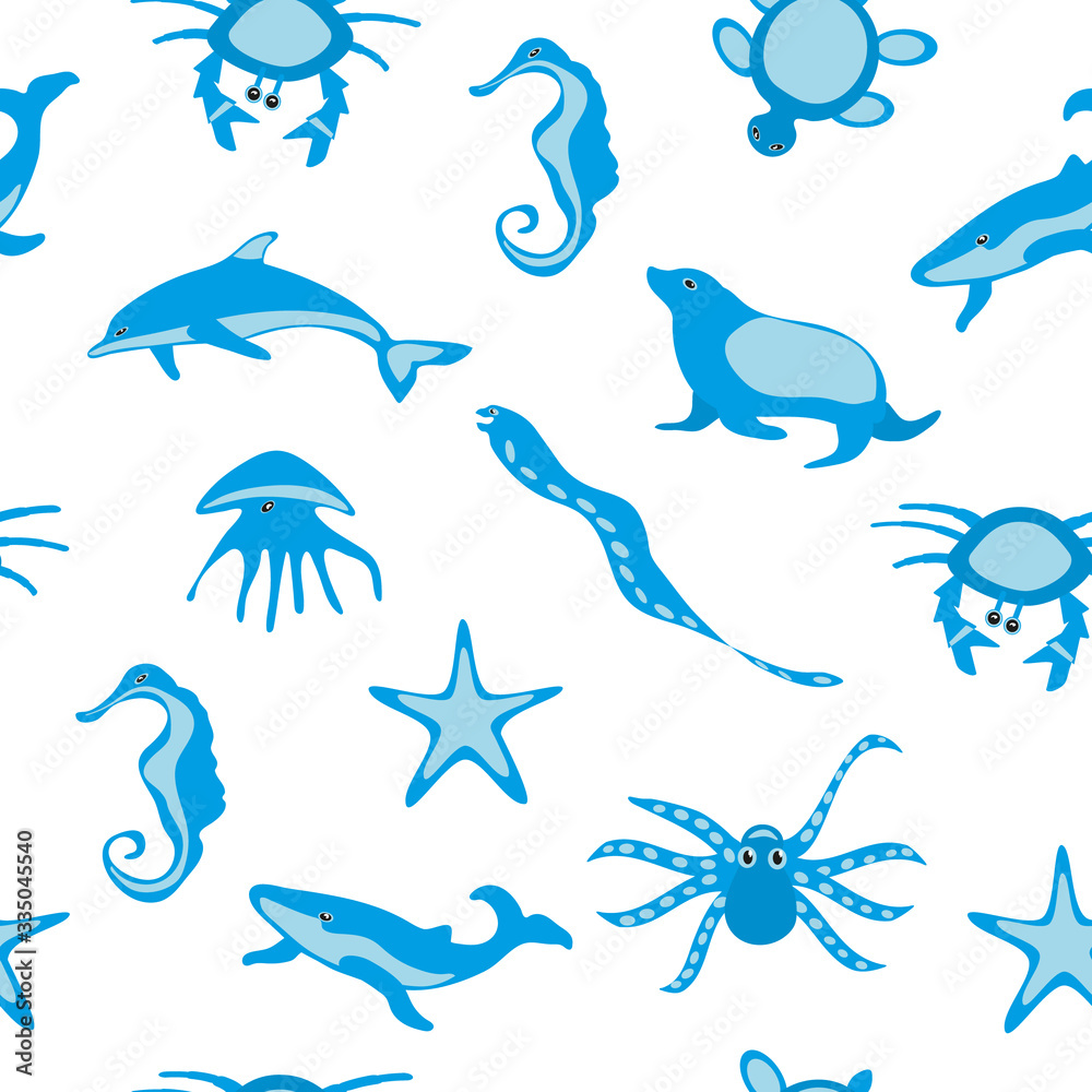 Seamless pattern with ocean creatures on white. Vector illustration of an octopus, a crab, a jellyfish, a dolphin, a starfish, a seal, a seahorse, a moray eel, a turtle, a whale. Great baby textile. Seamless pattern with ocean creatures on white. Vector illustration of an octopus, a crab, a jellyfish, a dolphin, a starfish, a seal, a seahorse, a moray eel, a turtle, a whale. Great baby textile.