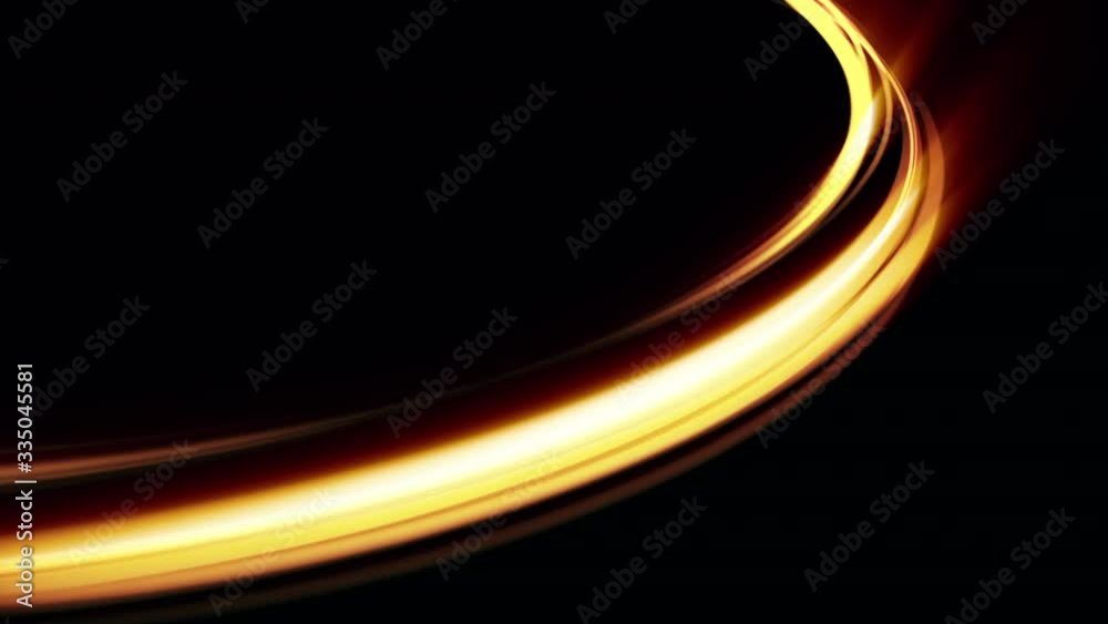 Golden curve abstract background for magic concept. Shiny light trail motion. Fantasy neon flow. Seamless loop.
