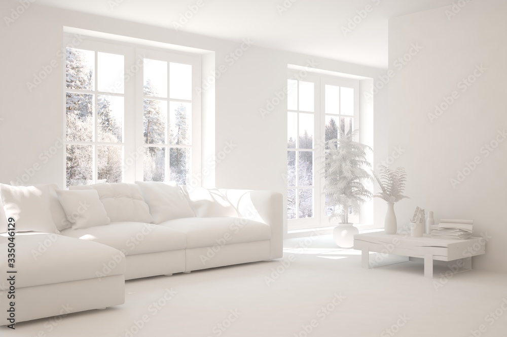 White living room with sofa and winter landscape in window. Scandinavian interior design. 3D illustration White living room with sofa and winter landscape in window. Scandinavian interior design. 3D illustration