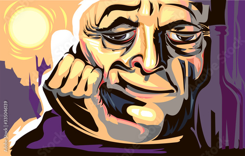 Drunk man drinks wine in the morning. Nearby is a bottle. Poster. Art. Grape wine tasting. The picture is about alcohol, a hangover, alcoholism. So it is about quiet happiness in simple events. Vector