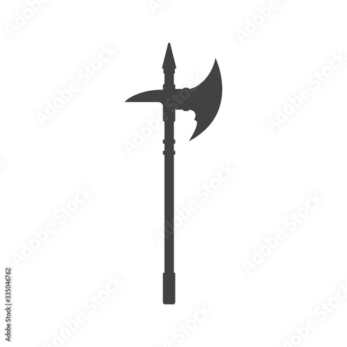 Black silhouette of isolated knight axe. Medieval weapon icon. Fantasy hatchet sign