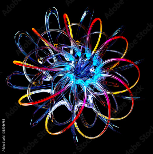 3d render of abstract art flower or turbine engine with blue neon light glass curve round wavy tubes, with red and orange gradient in some parts on black background