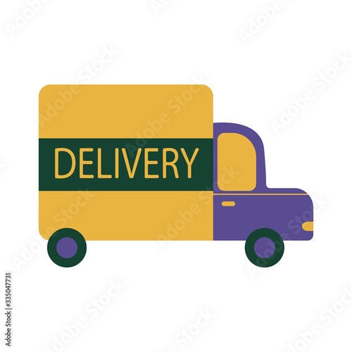 The truck delivers goods to the house. Delivery of postal parcels. Colorful illustration on a white background, isolate vector