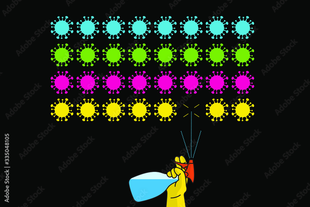 Retro arcade video game where alcohol spray kills coronavirus. Vector illustration on black background
