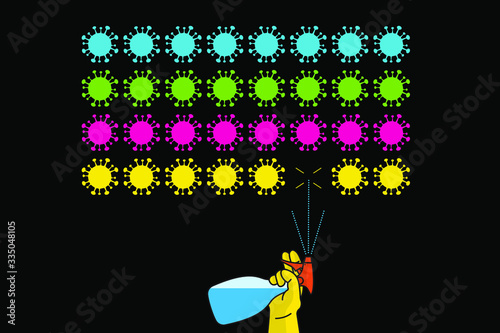 Retro arcade video game where alcohol spray kills coronavirus. Vector illustration on black background