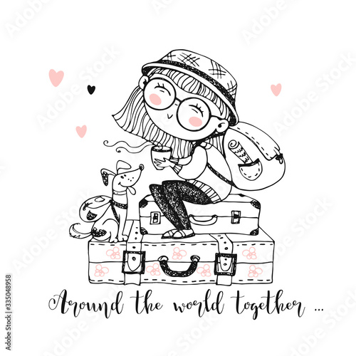 Cute girl tourist with a backpack sitting on suitcases with her dog. Vector