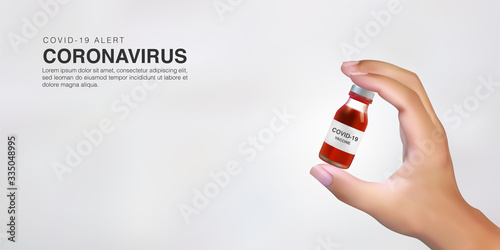 Realistic 3D vector illustration of hand holding vaccine for corona viruses cells template background. Novel Coronavirus (2019-nCoV)