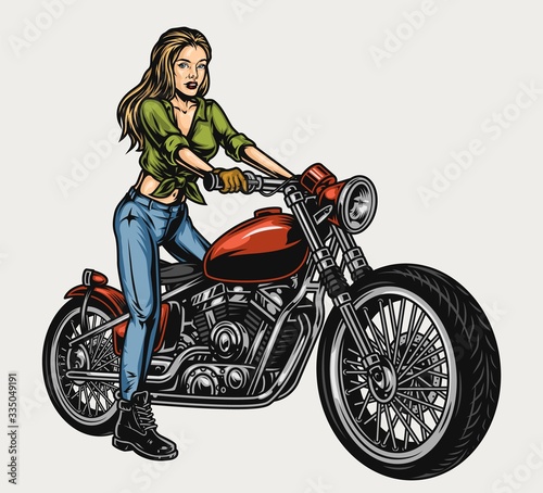 Vintage template of pretty girl on motorbike