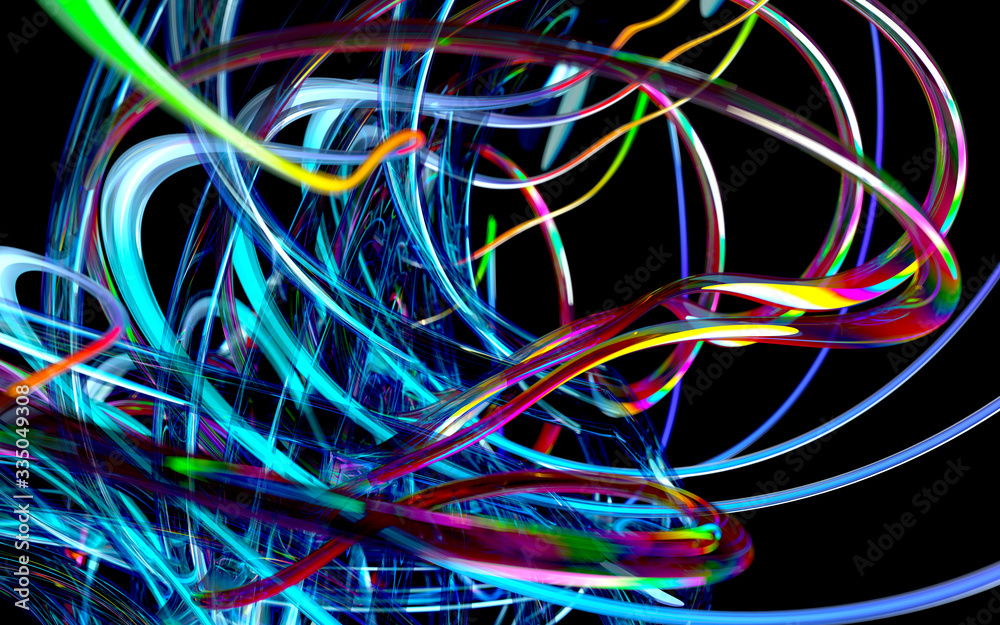 3d lane of abstract art 3d background with depth of field effect based on curve round wavy tubes in blue glass and red metal, with rainbow reflection effect, materials, with glowing neon blue element 