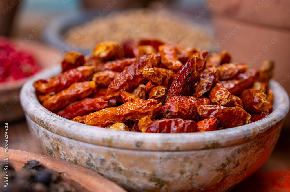 Indian spices collection, dried red hot chili peppers and another spices in clay bowls Indian spices collection, dried red hot chili peppers and another spices in clay bowls