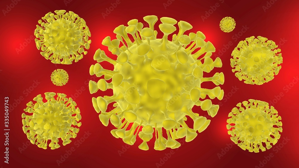 Fototapeta premium COVID-19 virus. SARS-CoV-2. micro image of coronavirus in virus outbreak disaster. influenza background. pandemic medical health risk concept. 3D illustration rendering.