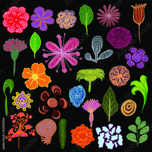  Vector illustration. Big set of abstract bright colorful plants. Design for covers, wallpapers, prints.