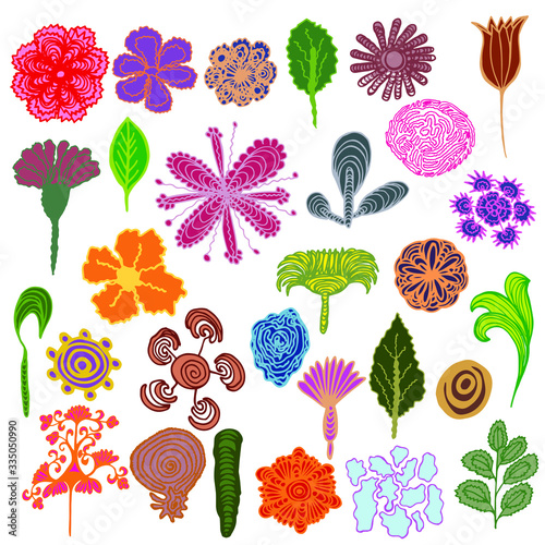  Vector illustration. Big set of abstract bright colorful plants. Design for covers, wallpapers, prints.