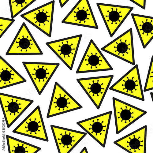 Seamless pattern of the black coronavirus symbol on a yellow triangle. Pattern from a symbol of virus COVID-19 of the danger. Vector pattern
