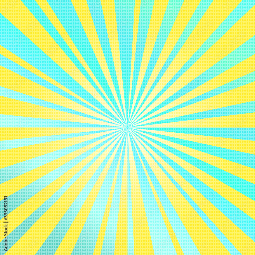 Fototapeta premium Pop art colorful comics book magazine cover. Striped colorful background. Cartoon funny retro pattern strip mock up. Vector halftone illustration. 90-s style. Sunburst, starburst shape.