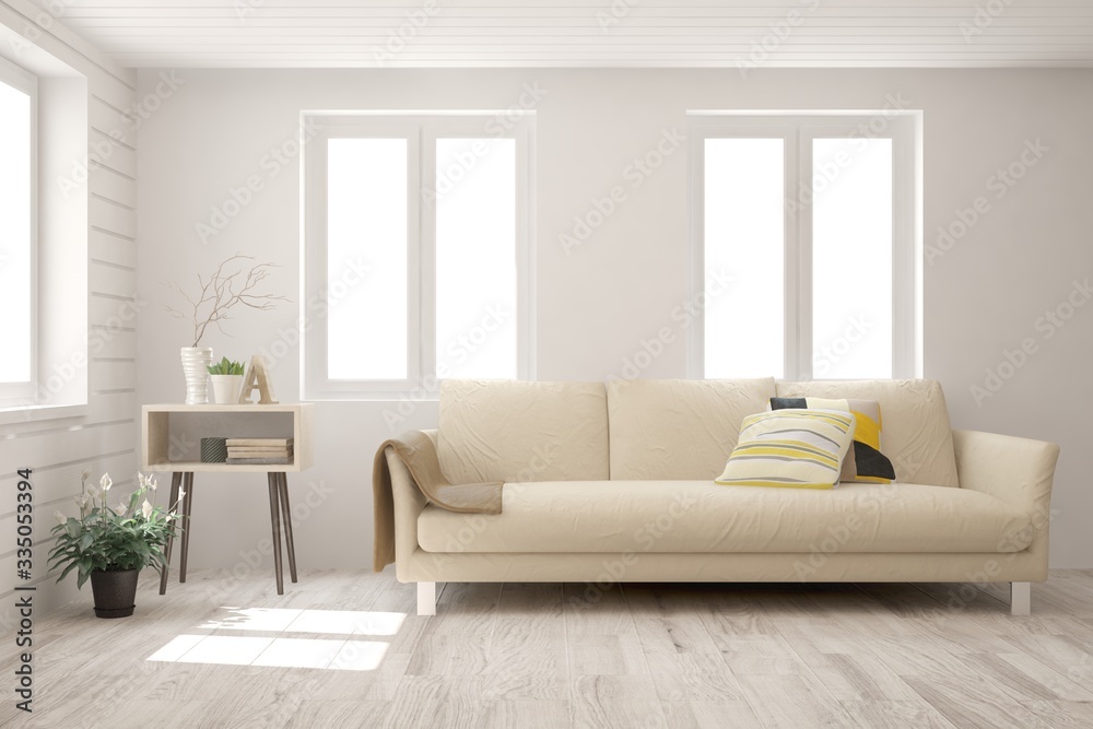 Fototapeta premium White living room with sofa. Scandinavian interior design. 3D illustration