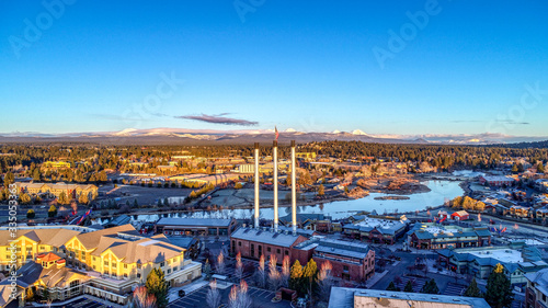 Tableau sur toile Old Mill Smoke Stacks Aerial Sunrise