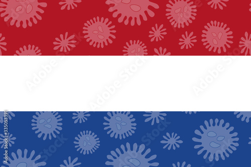 Seamless pattern with bacteria on flag Netherlands. Wuhan Chinese Coronavirus 2019-nCoV banner. Pneumonia.  Virus infection epidemic sick. Medical genetics bacteriological Microorganism. 