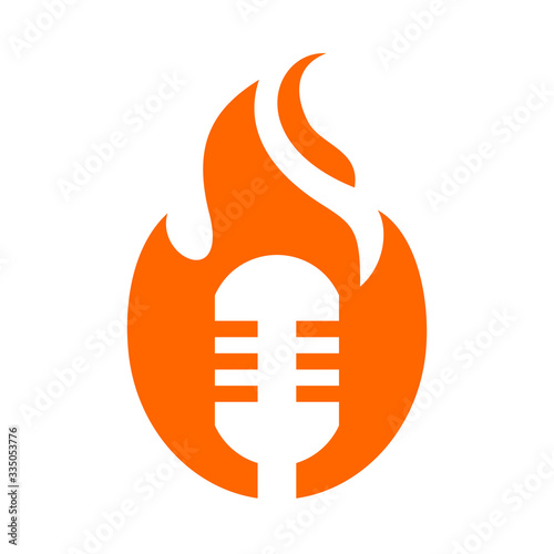 Microphone and fire flame logo template, burning mic icon