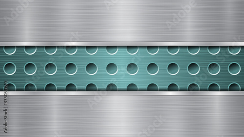Background of light blue perforated metallic surface with holes and two horizontal silver polished plates with a metal texture, glares and shiny edges