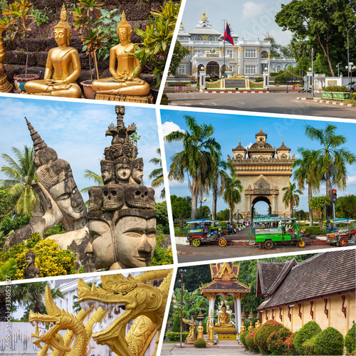Collage of popular tourist destinations in Laos. Travel background. Southeast Asia.