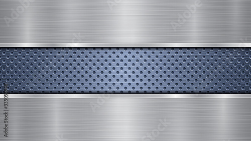 Background of blue perforated metallic surface with holes and two horizontal silver polished plates with a metal texture, glares and shiny edges