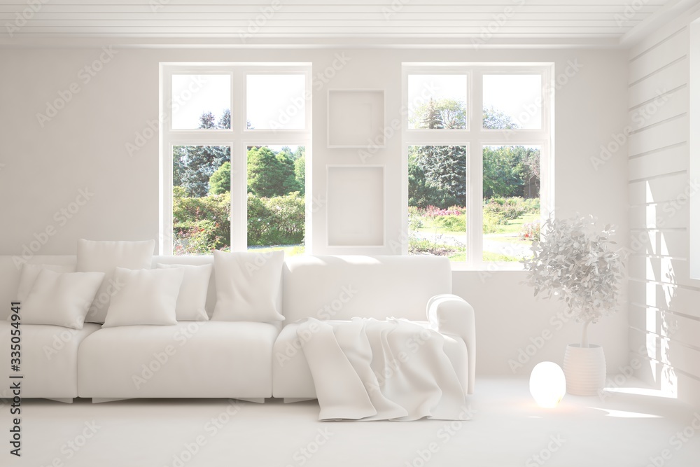 White living room with sofa and summer landscape in window. Scandinavian interior design. 3D illustration White living room with sofa and summer landscape in window. Scandinavian interior design. 3D illustration