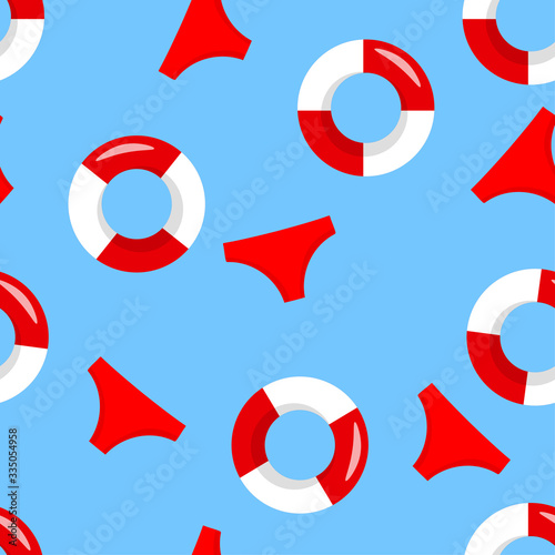 Seamless pattern wiht red and white lifebuoy, swimsuits on blue background, summer symbol. Life Belt. Vector colorful flat illustration. Sea lifestyle. Design for fabric, textile, card, poster. 