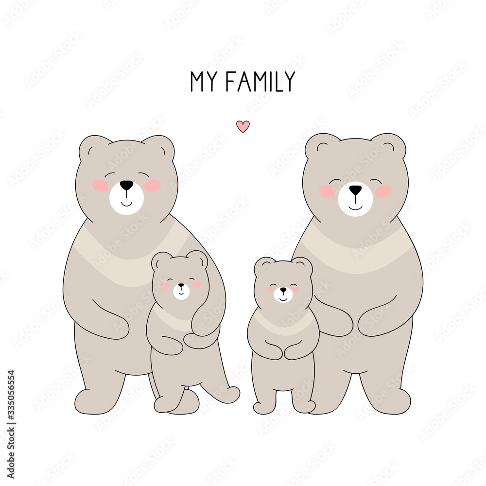 Cute happy bear family. Drawn mother bear, father and bear cubs on white. Vector illustration.