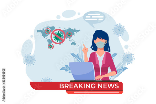 Breaking news about coronavirus spreading Illustration. Presenter tell about virus outbreak in the world. Woman with face mask and laptop. Vector