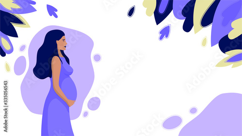 Pregnant woman in a long term in a dress, vector illustration in purple colors, surrounded by plants, web format