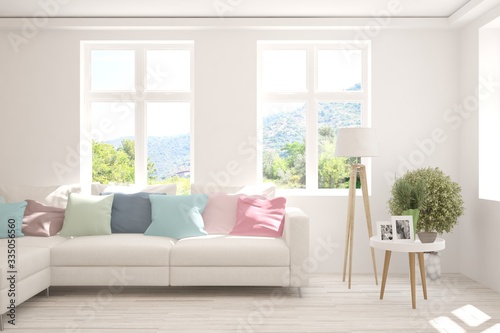 White living room with sofa and summer landscape in window. Scandinavian interior design. 3D illustration