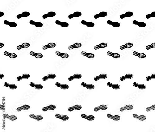 Flat linear design. Trail of footprints from a human foot in a shoe. Black marks. Seamless path. Isolated vector elements.