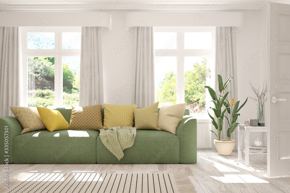 White minimalist living room with sofa. Scandinavian interior design. 3D illustration White minimalist living room with sofa. Scandinavian interior design. 3D illustration