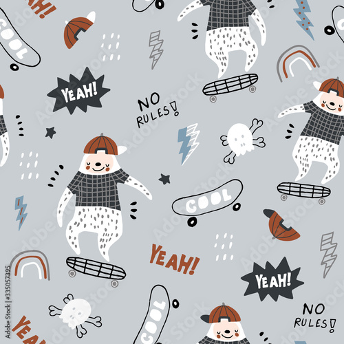 Seamless childish pattern with funny sloths on skateboards . Creative scandinavian kids texture for fabric, wrapping, textile, wallpaper, apparel. Vector illustration
