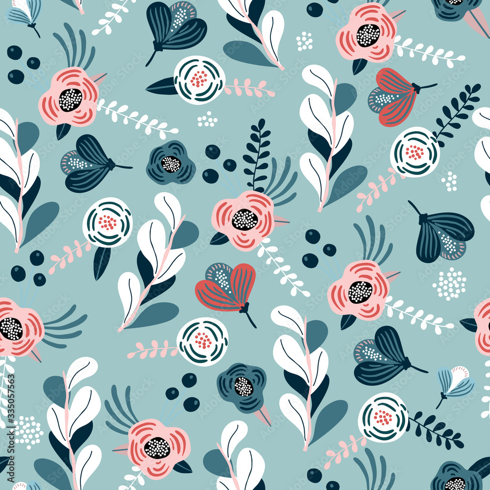 Seamless pattern with eucalyptus branches, flowers, berries and leaves. Creative flower texture. Great for fabric, textile vector illustration.