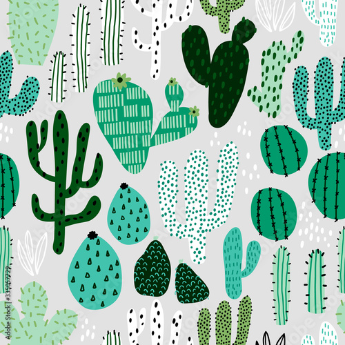 Seamless pattern with colorful cactuses and hand drawn textures. Perfect for fabric,textile. Creative Vector background