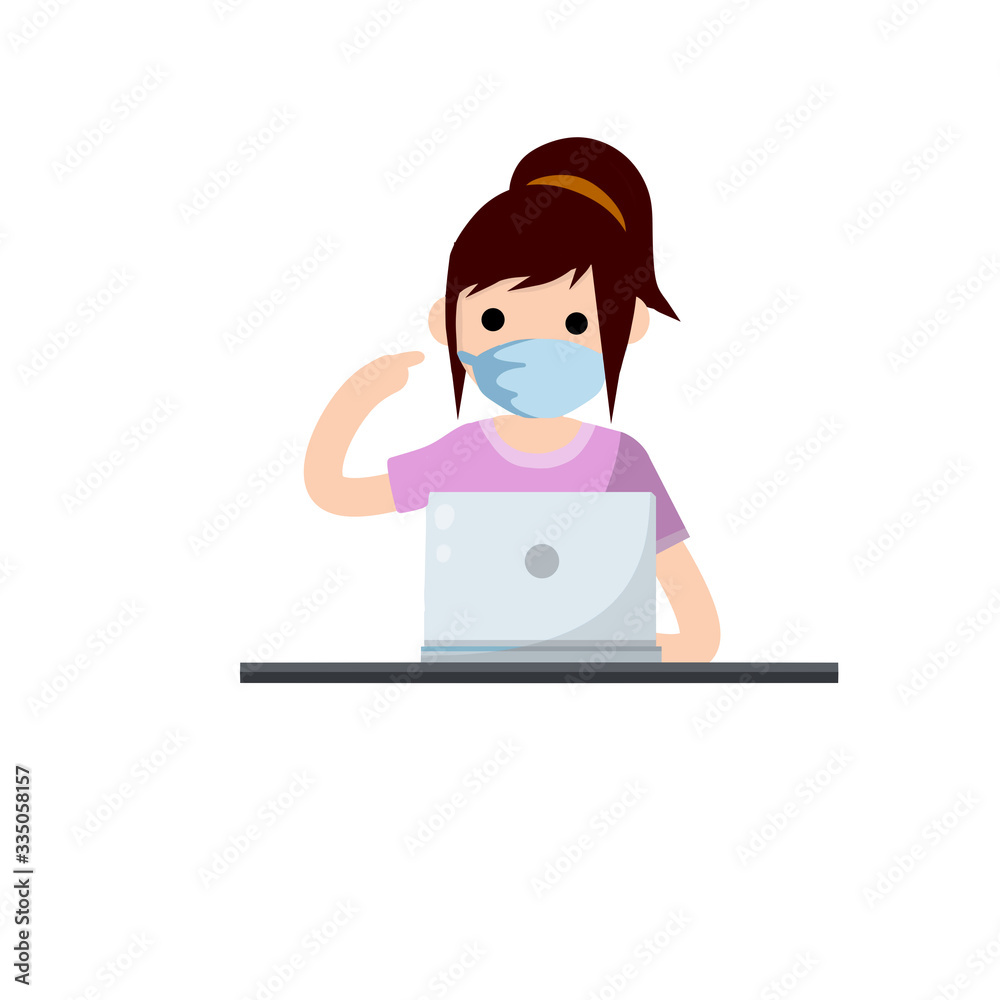 Woman in medical mask at computer. Protection from coronavirus and quarantine. Work at home. Green Virus and bacteria. Hand gesture pointing to face. Freelance and education. Flat cartoon Woman in medical mask at computer. Protection from coronavirus and quarantine. Work at home. Green Virus and bacteria. Hand gesture pointing to face. Freelance and education. Flat cartoon