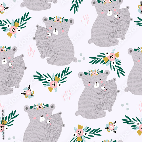 Seamless pattern with cute mom hugging baby bear. Creative childish floral texture. Great for fabric, textile Vector Illustration