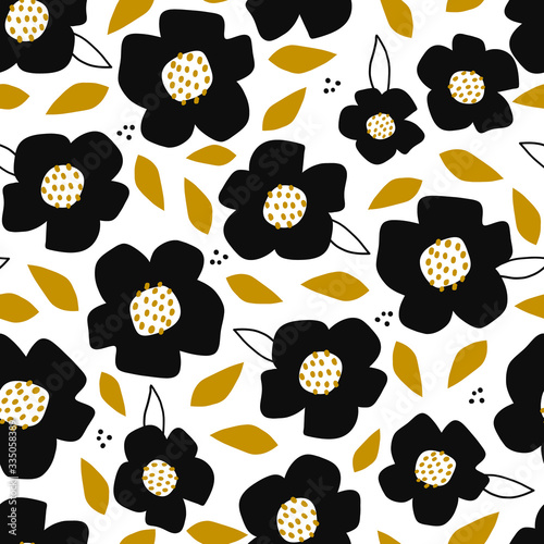 Seamless pattern with abstract cutout flowers and hand drawn textures. Perfect for fabric,textile. Creative Vector background