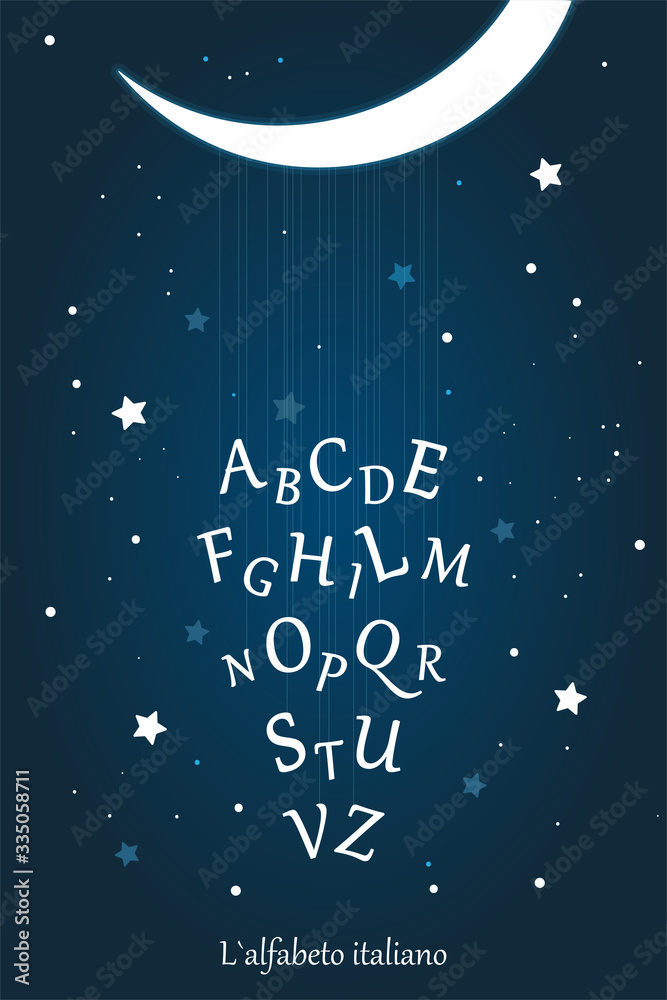 Italian alphabet poster for kids education and kids room wall decoration. Moon night, starry sky, lullaby vector illustration. Education material for kindergarten, preschool, school. Stock vector