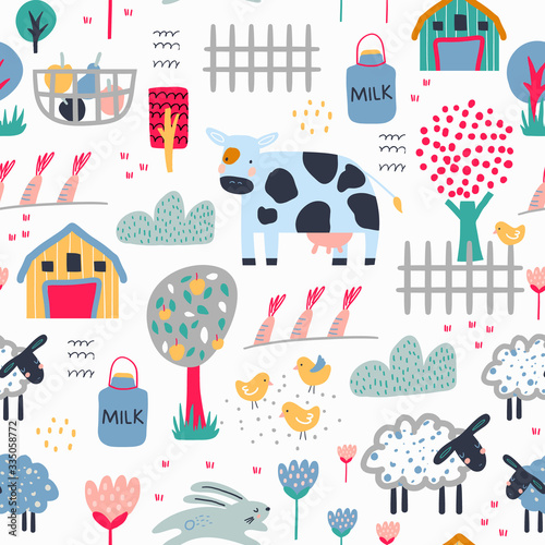 Childish seamless farm pattern . Trendy kids vector background. Perfect for kids apparel, fabric, textile