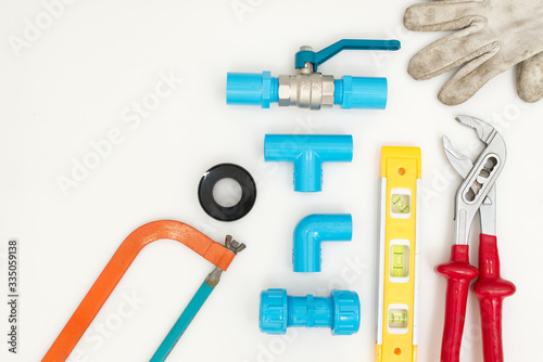 Pipe work tools set on white background.
