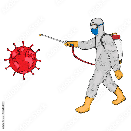 medical scientists in hazmat suits cleaning and disinfecting coronavirus cells epidemic MERS-CoV virus concept wuhan 2019-nCoV pandemic health risk full length horizontal copy space vector