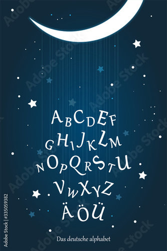 German alphabet poster for kids education and kids room wall decoration. Moon night, starry sky, lullaby vector illustration. Education material for kindergarten, preschool, school. 